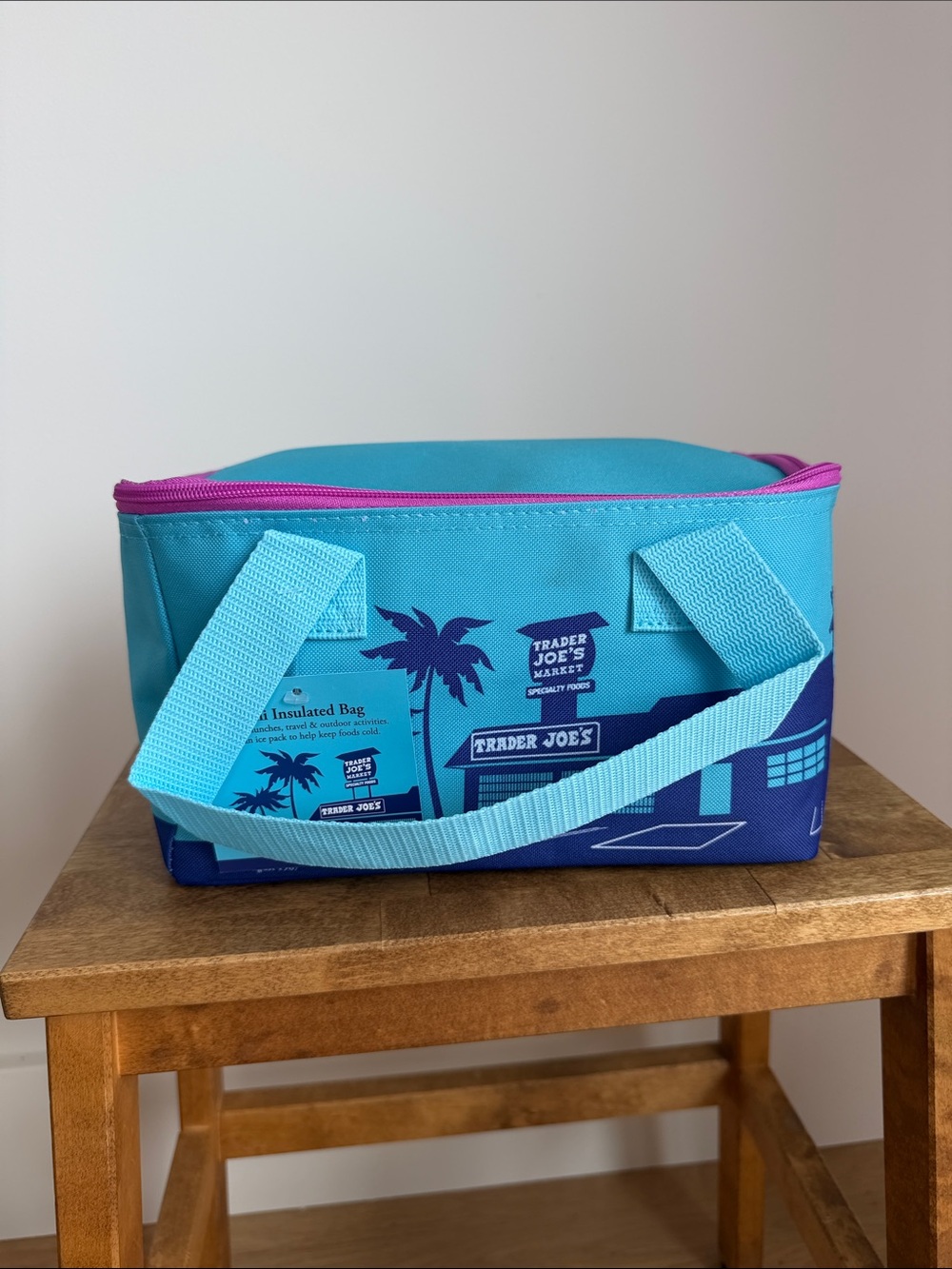 Trader Joe’s Mini Insulated Bag-summer 2026 collection Blue with pink zipper!